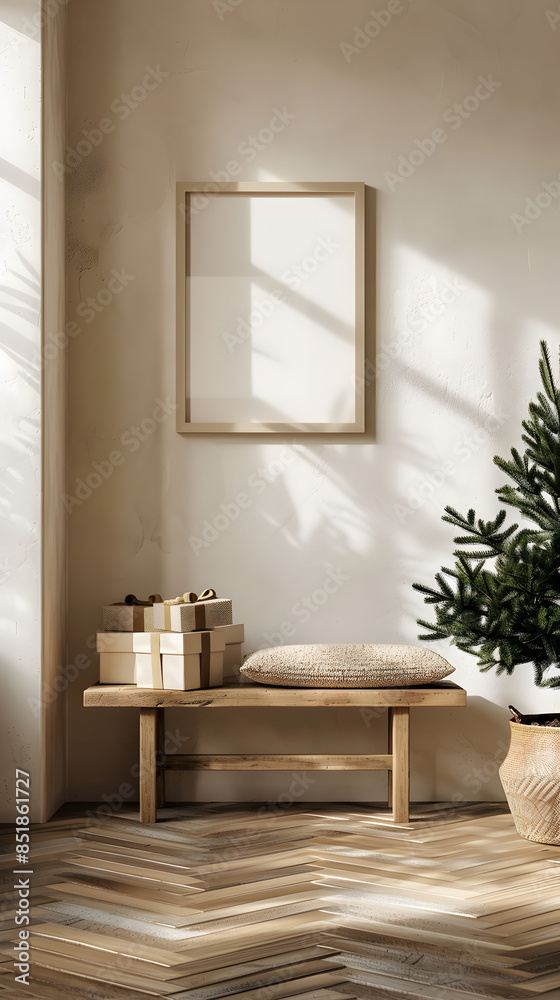 Cozy Minimalist Winter Interior with Wooden Bench and Christmas Gifts in Soft Sunlight