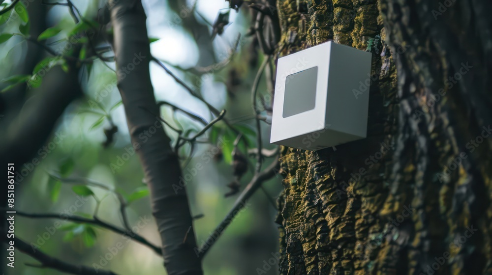 A closeup of a sleek, minimalist environmental sensor embedded in a tree, monitoring air quality and transmitting data wirelessly A closeup of a sleek, minimalist environmental sensor embedded in a tree, monitoring air quality and transmitting data wirelessly