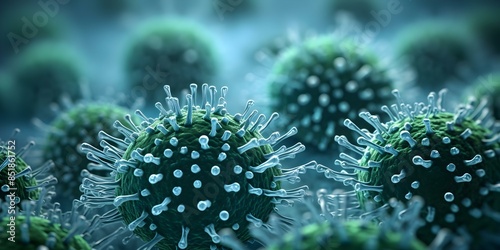 Visualizing Rhinovirus Particles Invading Respiratory Tissues in Close-up. Concept Virus Invasion, Respiratory Tract, Close-up View, Rhinovirus Particles, Medical Illustration photo