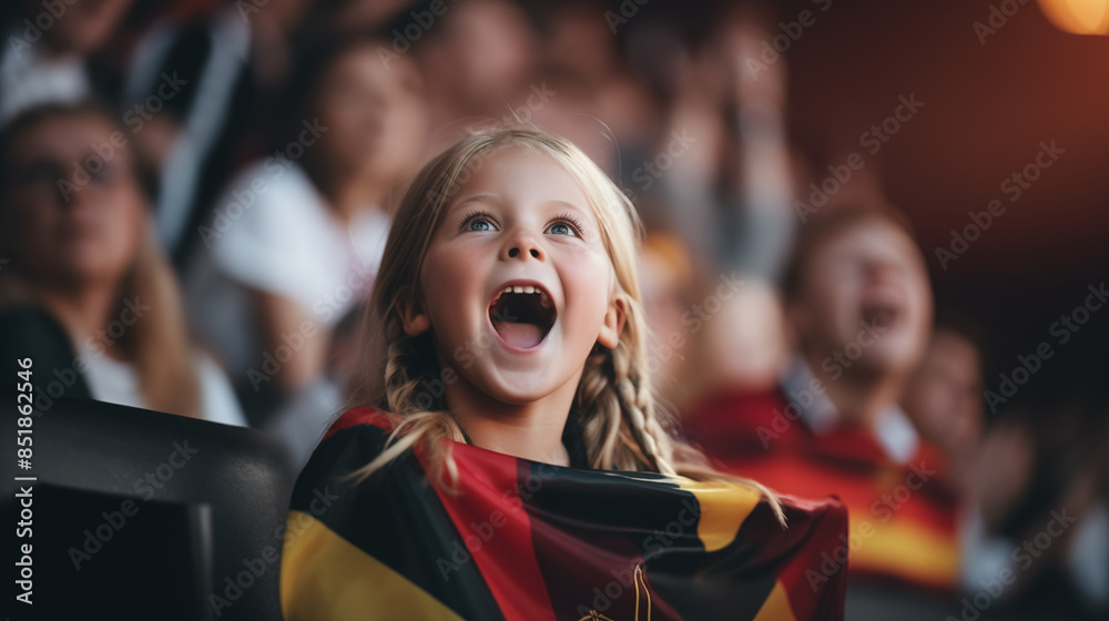 Little blond preschool girl watching soccer football cup. on public viewing. Girl with German flag on face Little blond preschool girl watching soccer football cup. on public viewing. Girl with German flag on face