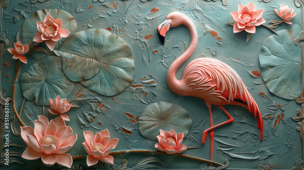 Volumetric flamingo bird with golden elements against the background of a plaster wall. Volumetric flamingo bird with golden elements against the background of a plaster wall.