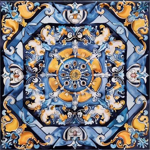 Sicilian ceramic style tile, featuring decorative flourishes with floral elements.