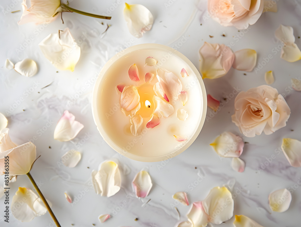 Serene Candle Product Photography on Spa Background with Petals - Tranquil Ambiance and Relaxing Atmosphere Serene Candle Product Photography on Spa Background with Petals - Tranquil Ambiance and Relaxing Atmosphere
