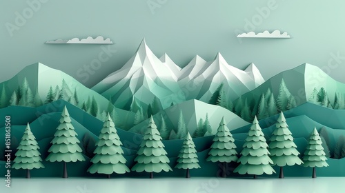 Pine forest flat design side view mountain theme 3D vivid