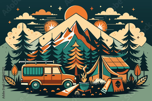 camping van with moutain inthe backgraund