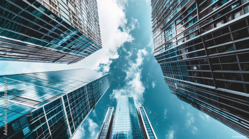 An upward view of tall, modern skyscrapers against a bright blue sky with white clouds An upward view of tall, modern skyscrapers against a bright blue sky with white clouds
