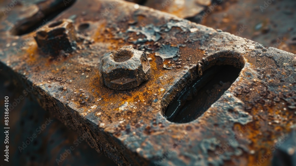 A rusty old machine component with attached nuts A rusty old machine component with attached nuts