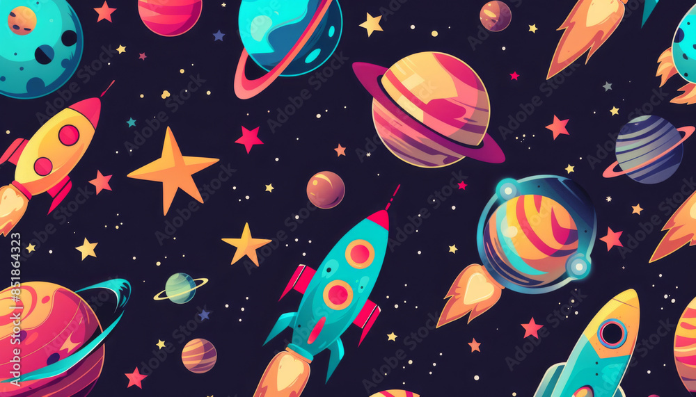 cartoon space pattern with colorful rockets, planets and stars on a dark background cartoon space pattern with colorful rockets, planets and stars on a dark background