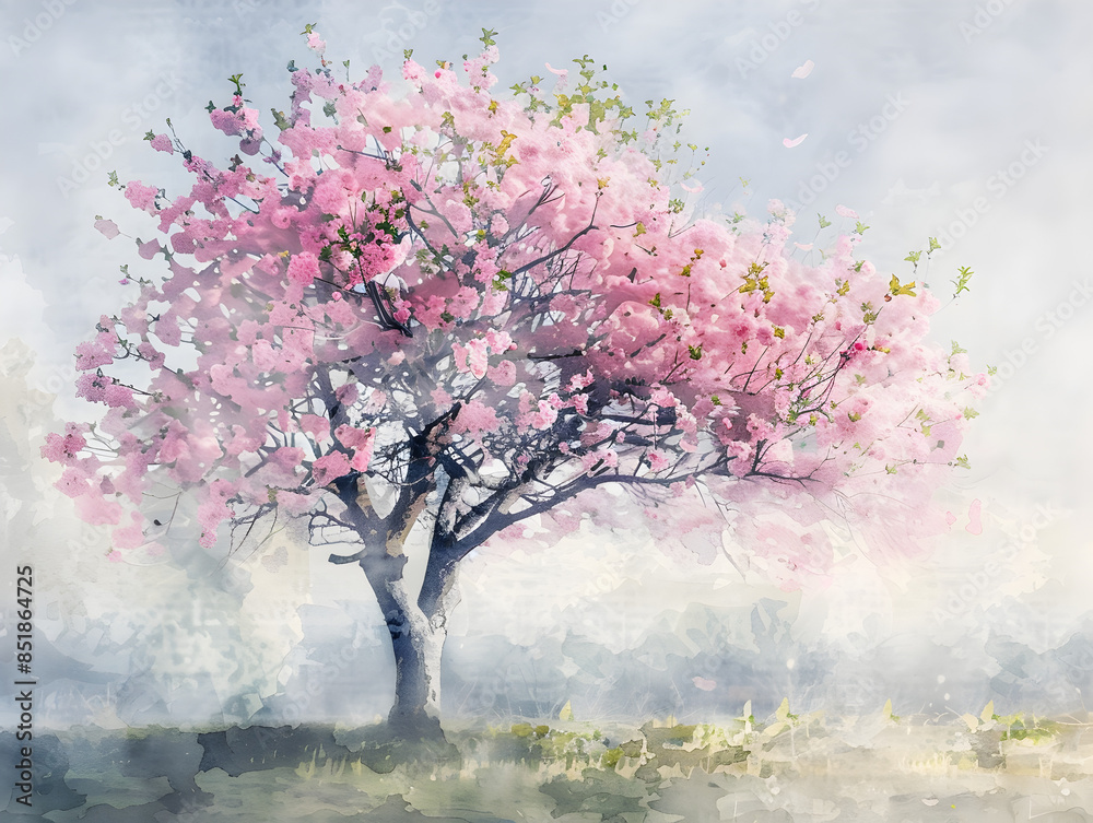 Serene Cherry Blossom Tree Watercolor Illustration in Tranquil Garden Morning Light with Soft Mist and Sunlight Filtering Through Branches Serene Cherry Blossom Tree Watercolor Illustration in Tranquil Garden Morning Light with Soft Mist and Sunlight Filtering Through Branches