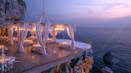 An elegant destination wedding reception area set on a cliff with panoramic ocean views, featuring white gossamer canopies and golden chandeliers, creating a magical evening atmosphere. photo