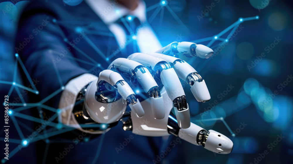 A robotic hand, part of a suited figure, reaches out towards a blue network of lines, showcasing the potential of artificial intelligence and automation A robotic hand, part of a suited figure, reaches out towards a blue network of lines, showcasing the potential of artificial intelligence and automation