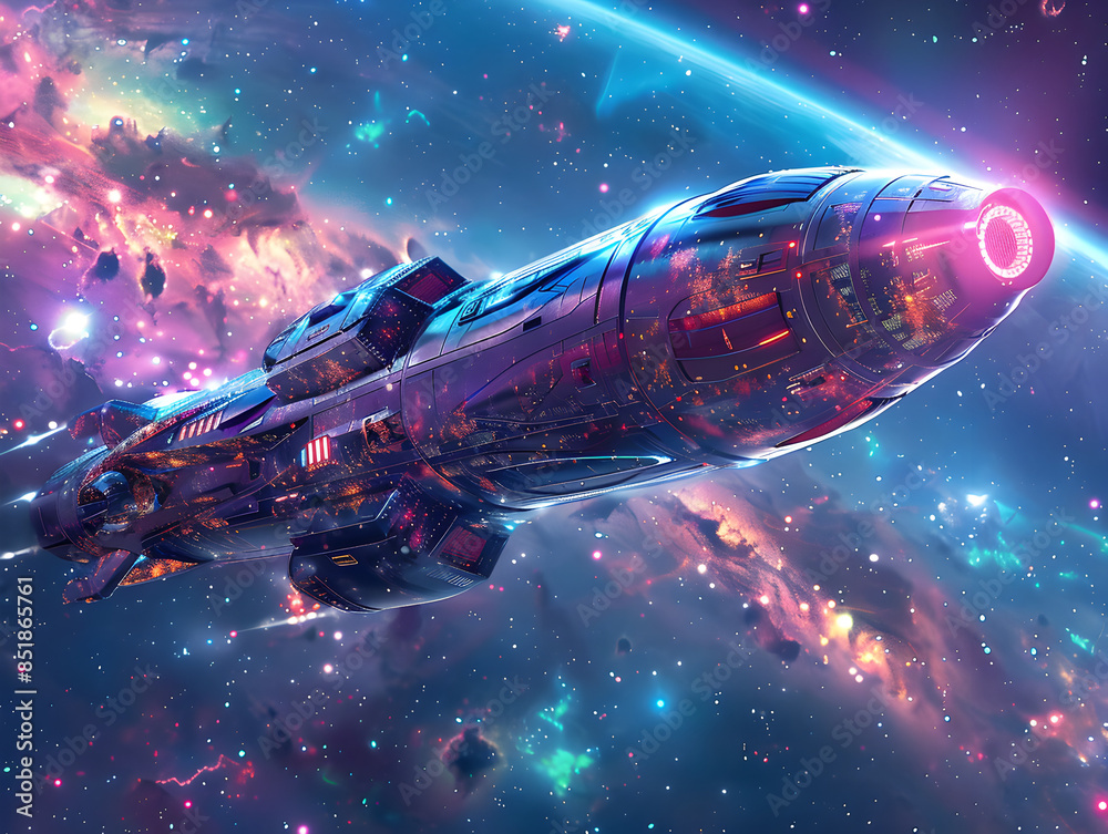 Futuristic Metallic Spacecraft Soaring Through Galaxy - Digital Illustration of Cosmic Adventure Futuristic Metallic Spacecraft Soaring Through Galaxy - Digital Illustration of Cosmic Adventure