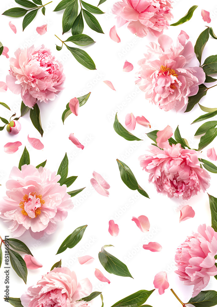 Obraz premium fly falling peony flowers and leaves on white background