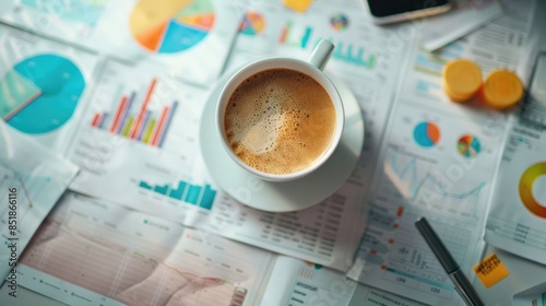 Financial Analysis Workspace with Charts, Graphs, and Coffee Cup