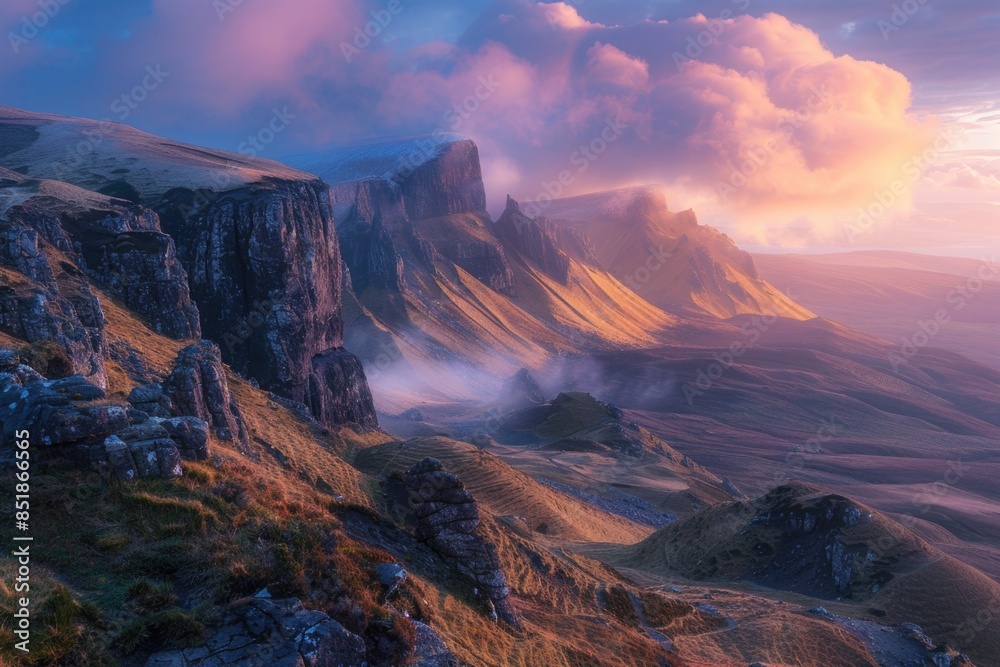 Fototapeta premium Panoramic view of a mountain range at sunset with vibrant colors and misty atmosphere