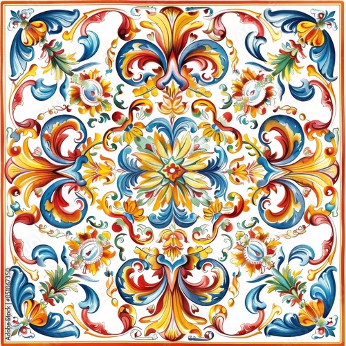 Sicilian ceramic style tile, featuring decorative flourishes with floral elements.