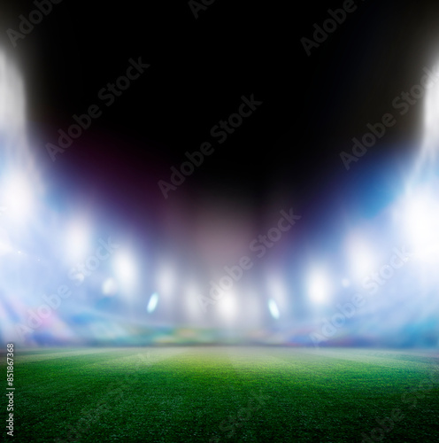 Fussballsadion mit Grünem Rasen mit Bokeh-Effekt und Spotlights