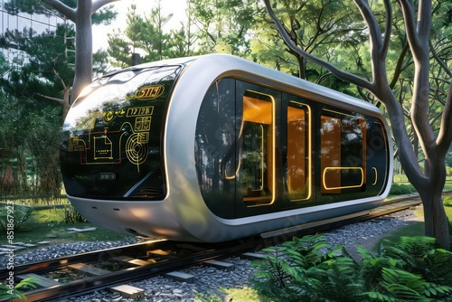 A hightech, ecofriendly public transportation pod with realtime energy usage display