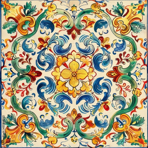 Sicilian ceramic style tile, featuring decorative flourishes with floral elements.