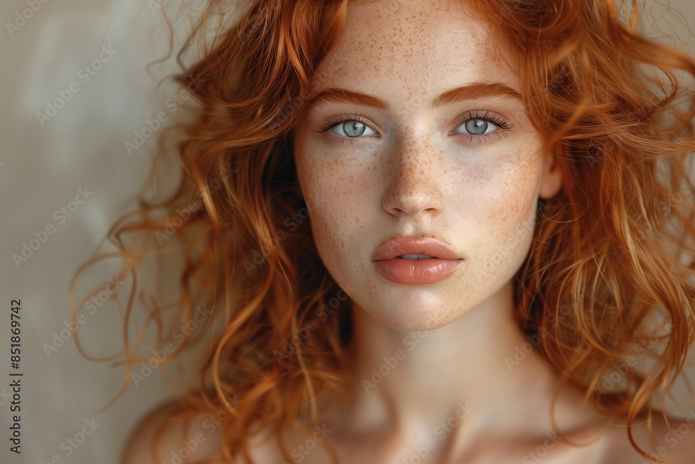 Naklejka premium A woman with red hair and blue eyes. She has a natural beauty and a confident look. Concept of self-assurance and a strong personality