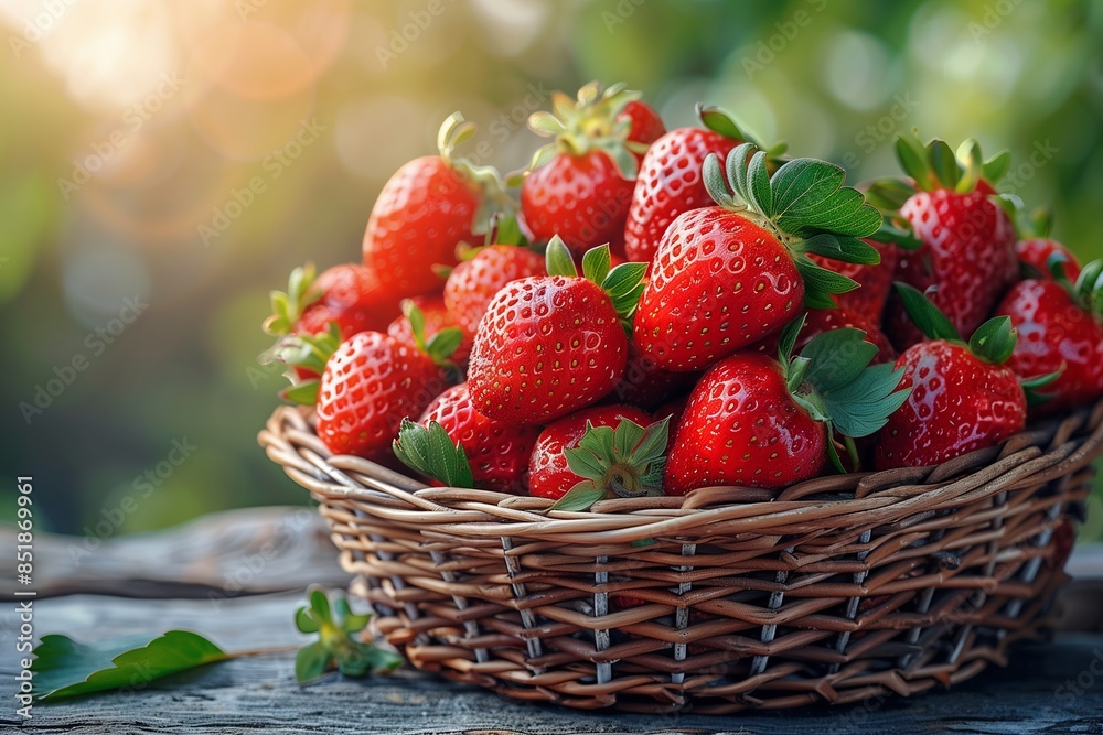 A basket full of red strawberries on a wooden table. The basket is overflowing with strawberries, and the strawberries are ripe and ready to eat