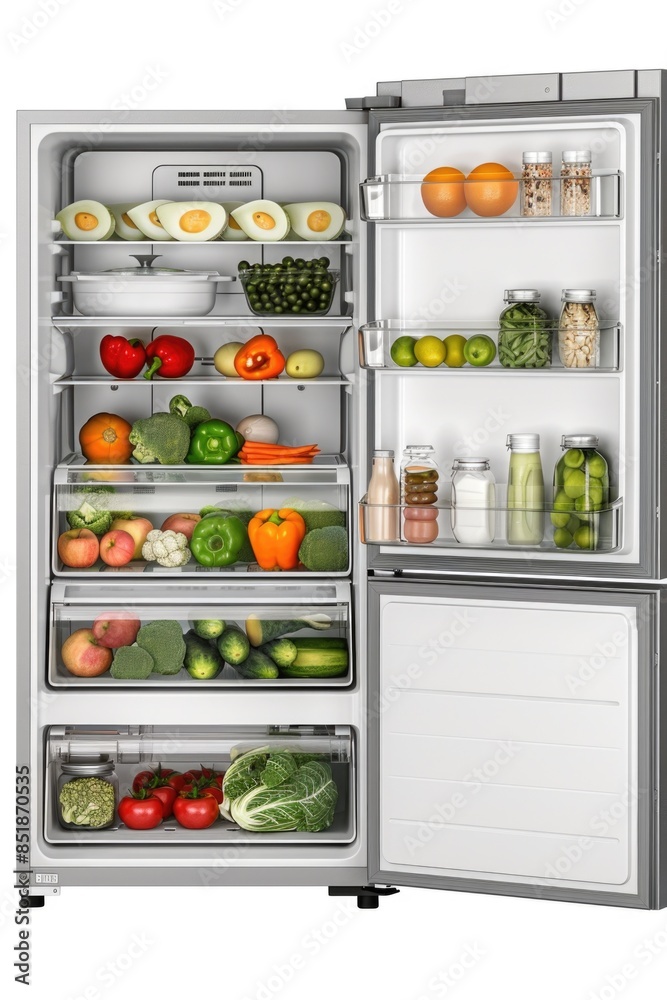 A fully stocked refrigerator with various food items A fully stocked refrigerator with various food items