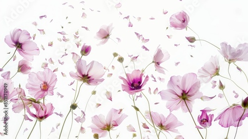 Whimsical Dance of Delicate Flowers and Buds in the Air on White Background - Closeup Floral Photography with High Resolution Focus