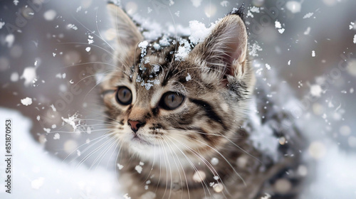 A kitten in the snow outdoors with snowflakes gently falling and accumulating on its fur, creating a charming winter scene photo