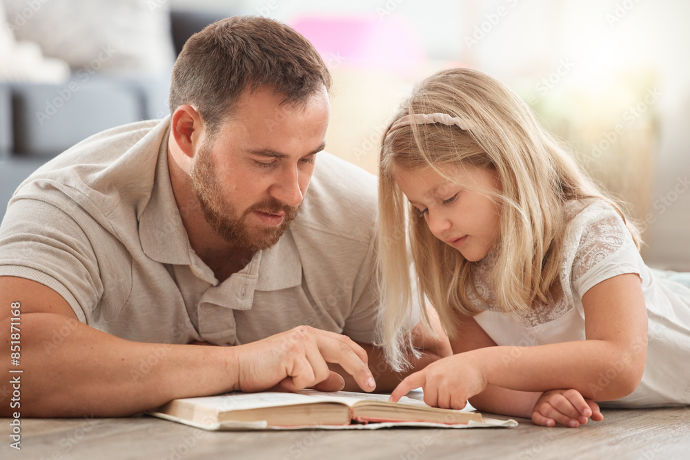 Reading, book and father with child on floor for relaxing, bonding and language development. Love, knowledge and dad with girl kid enjoying fantasy story, novel or literature in living room at home. Reading, book and father with child on floor for relaxing, bonding and language development. Love, knowledge and dad with girl kid enjoying fantasy story, novel or literature in living room at home.