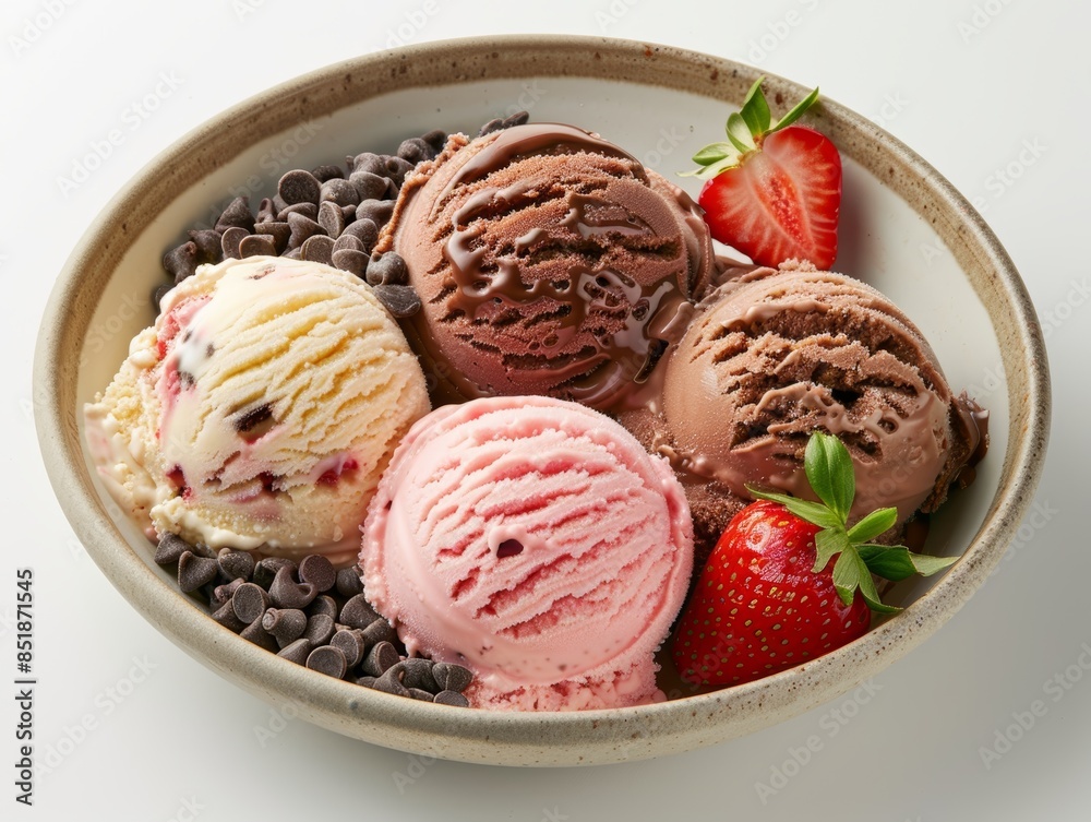 Bowl of assorted ice cream scoops with strawberries and chocolate chips. Perfect summer dessert for sweet treat lovers.