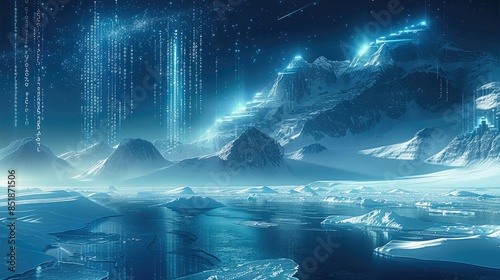 A futuristic landscape consisting of programming code, northern lights, snow, ice floes, north pole, blue background. Generative AI. photo