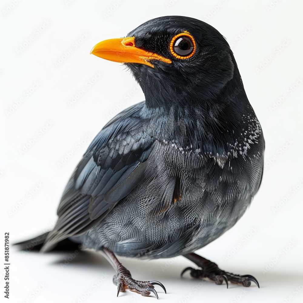 Obraz premium Close-up shot of a beautiful black bird with an orange beak against a white background in a studio setting.