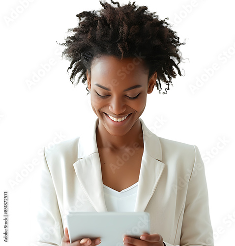 Smiling businesswoman using a digital tablet on isolated transparent background