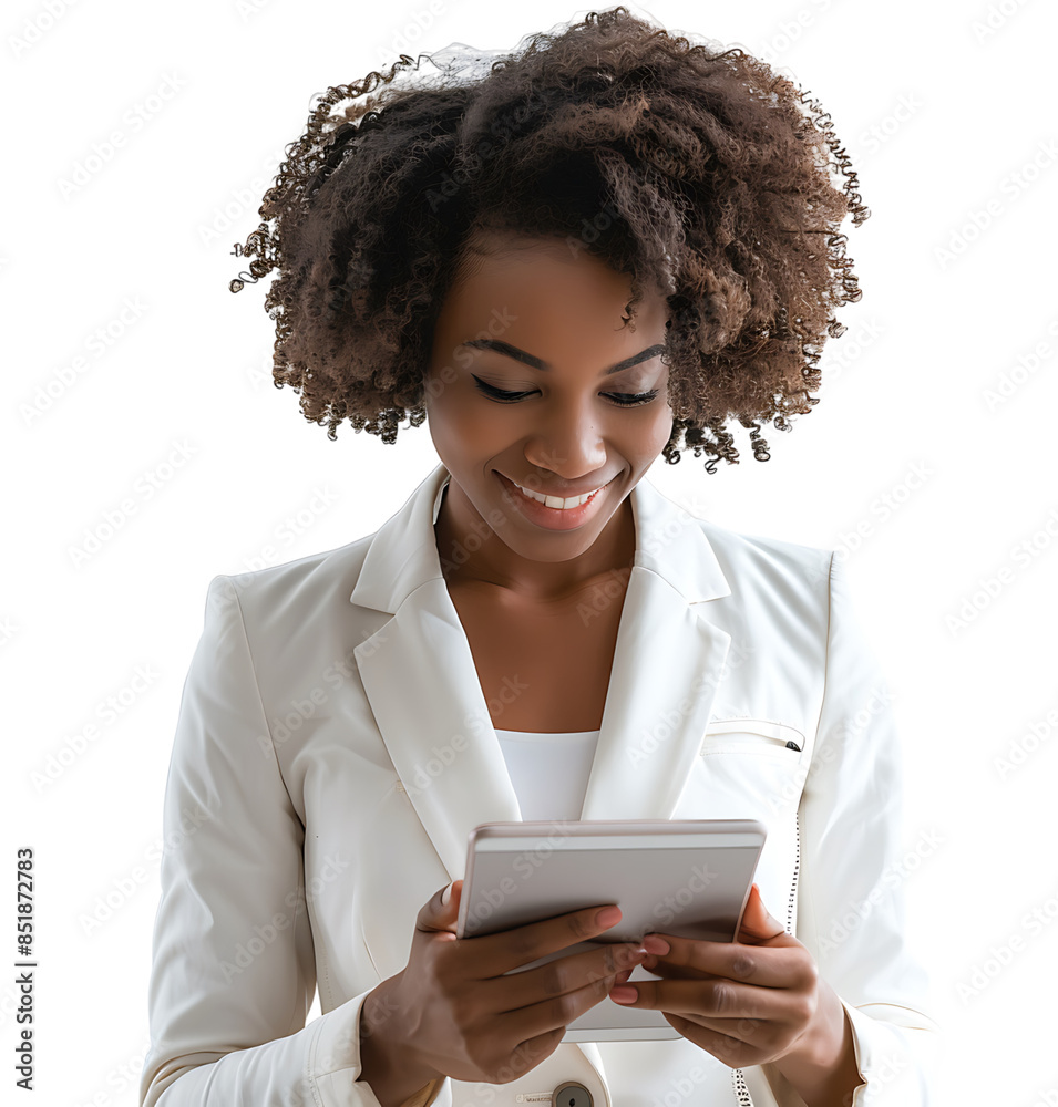 Smiling businesswoman using a digital tablet on isolated transparent background Smiling businesswoman using a digital tablet on isolated transparent background