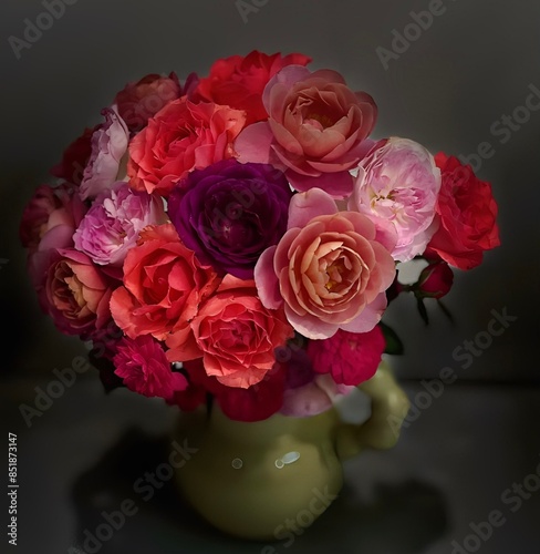 bouquet of roses of different color and shape in a vase with elegant and classic decorative style