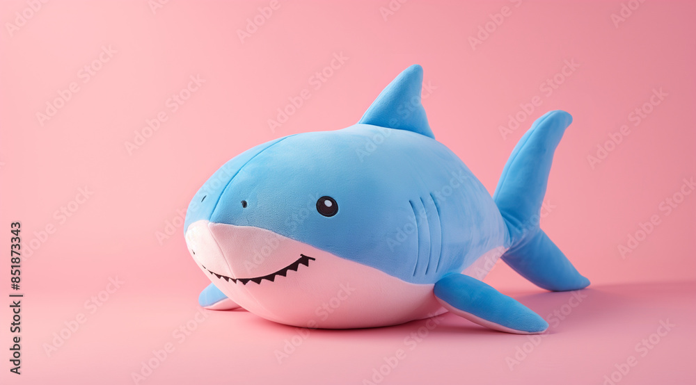 Cute blue shark plush toy, pastel pink background, Cute blue shark plush toy, pastel pink background,
