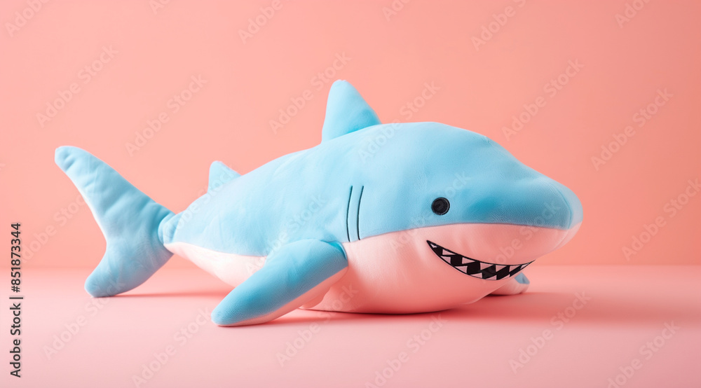 Cute blue shark plush toy, pastel pink background, Cute blue shark plush toy, pastel pink background,