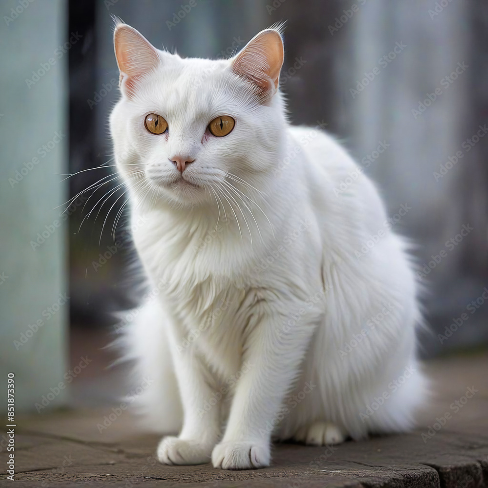 Portrait of a White Sitting Cat. Portrait of a White Sitting Cat.