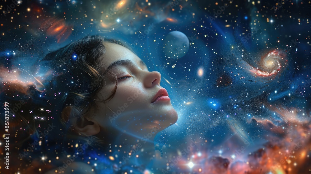 A beautiful girl is peacefully floating in the vastness of space, as if she is comfortably sleeping with the universe as her blanket. She is surrounded by stars, galaxies, and planets. Generative AI. A beautiful girl is peacefully floating in the vastness of space, as if she is comfortably sleeping with the universe as her blanket. She is surrounded by stars, galaxies, and planets. Generative AI.