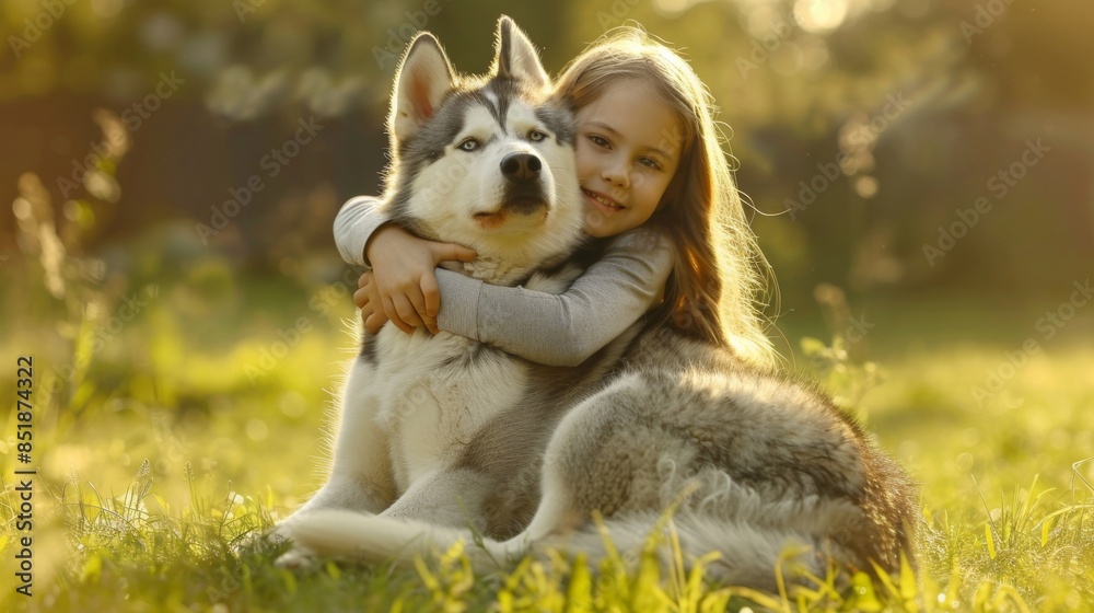 Portrait of little girl hugging a Husky dog in outdoor park Portrait of little girl hugging a Husky dog in outdoor park