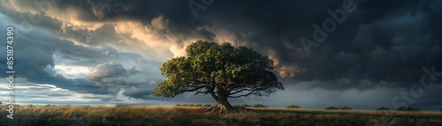 Majestic tree with deep scars standing firm under a dark, stormy sky wideangle shot, dramatic shadows, symbolizing endurance and survival photo