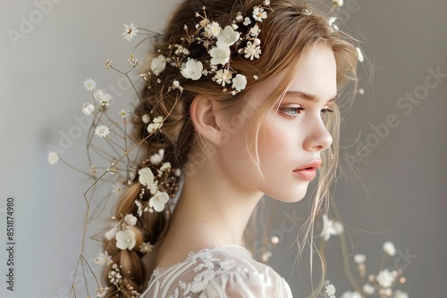 A romantic waterfall braid hairstyle cascading down one side of the head, adorned with delicate flowers or sparkly hairpins for a dreamy and ethereal effect photo