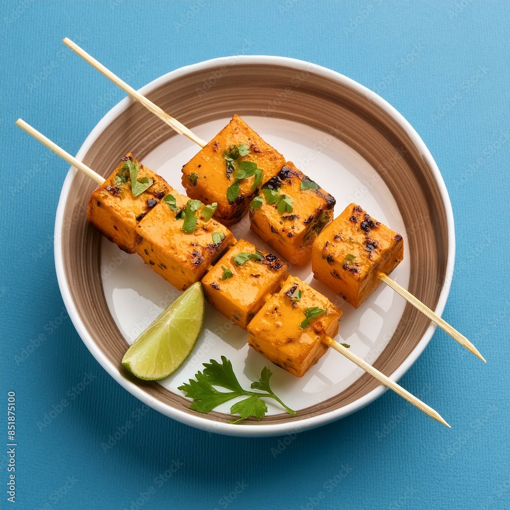 Indian starter food paneer tikka kebab on blue background Indian starter food paneer tikka kebab on blue background