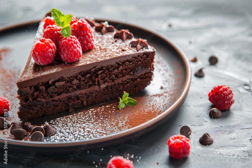 slice tasty homemade chocolate cake with raspberries, selective focus slice tasty homemade chocolate cake with raspberries, selective focus