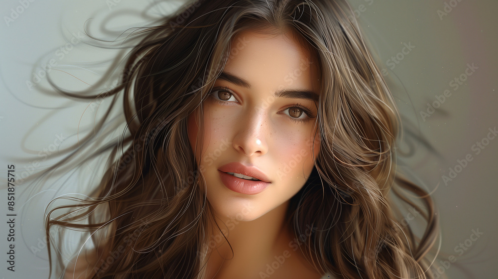 Portrait of a brunette woman with natural beauty. AI Generated. 