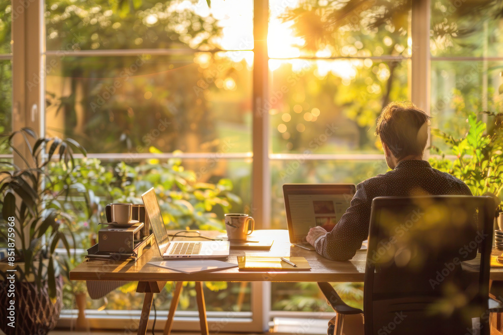 Fototapeta premium Productive Home Office: Person Working with Laptop and Coffee in Modern, Bright Space