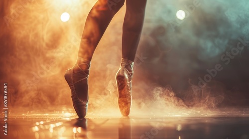 Ballerina Pointe Shoes On Stage In Smoky Lighting