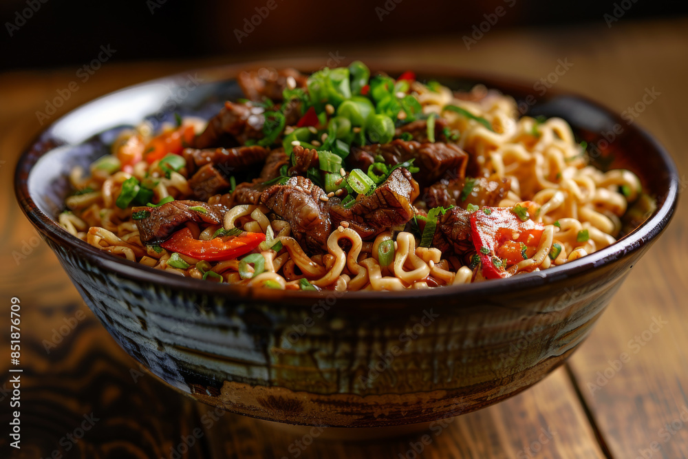 a bowl of noodles with beef on wooden table a bowl of noodles with beef on wooden table