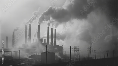 Industrial Smog Billowing From Factory Chimneys in a Hazy Daytime Atmosphere
