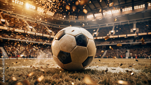А soccer ball on the green lawn of the stadium